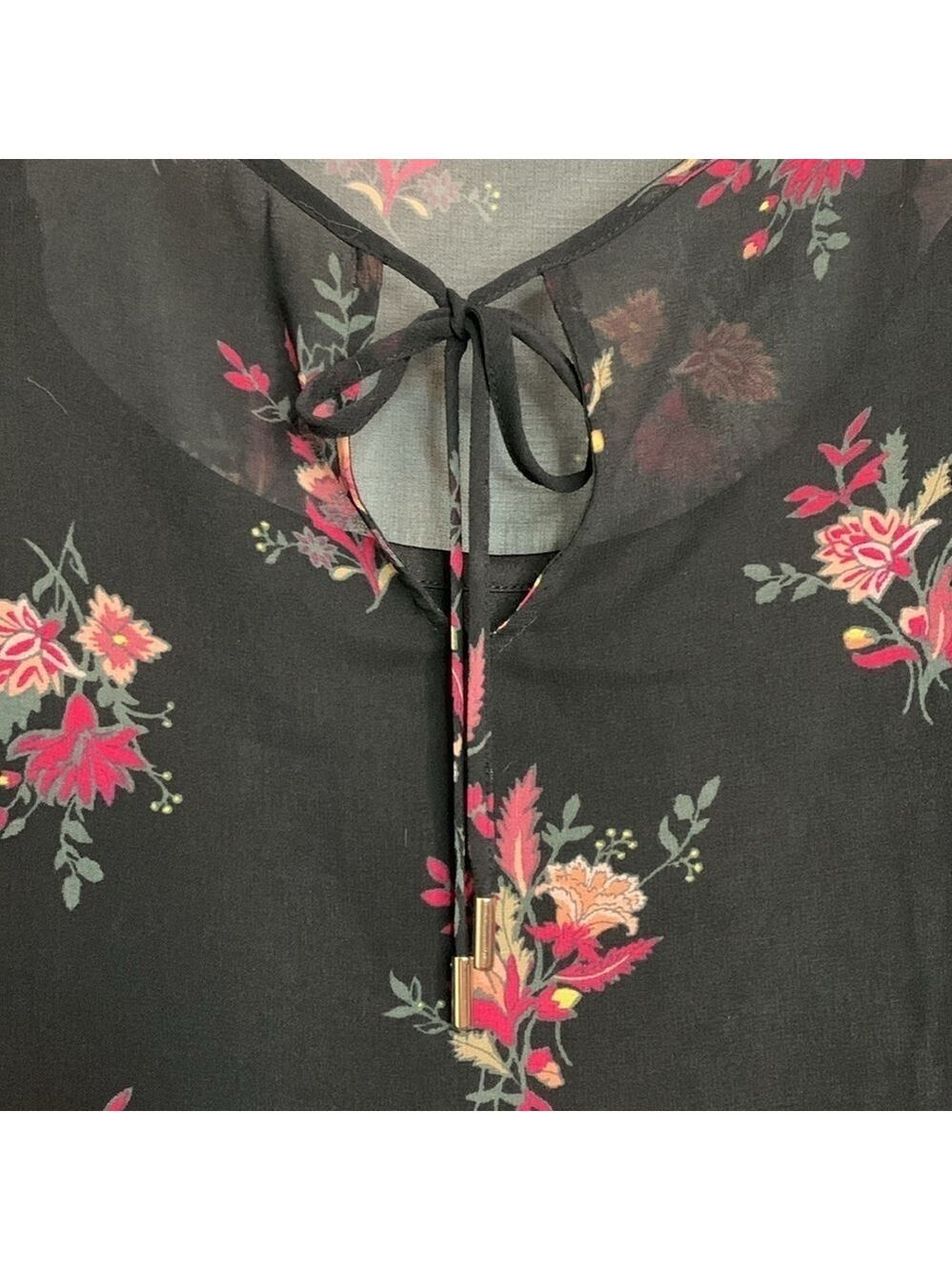 White House Black Market Black Floral Dress Bell Sleeve Pink Size Small Sheer - Picture 7 of 13